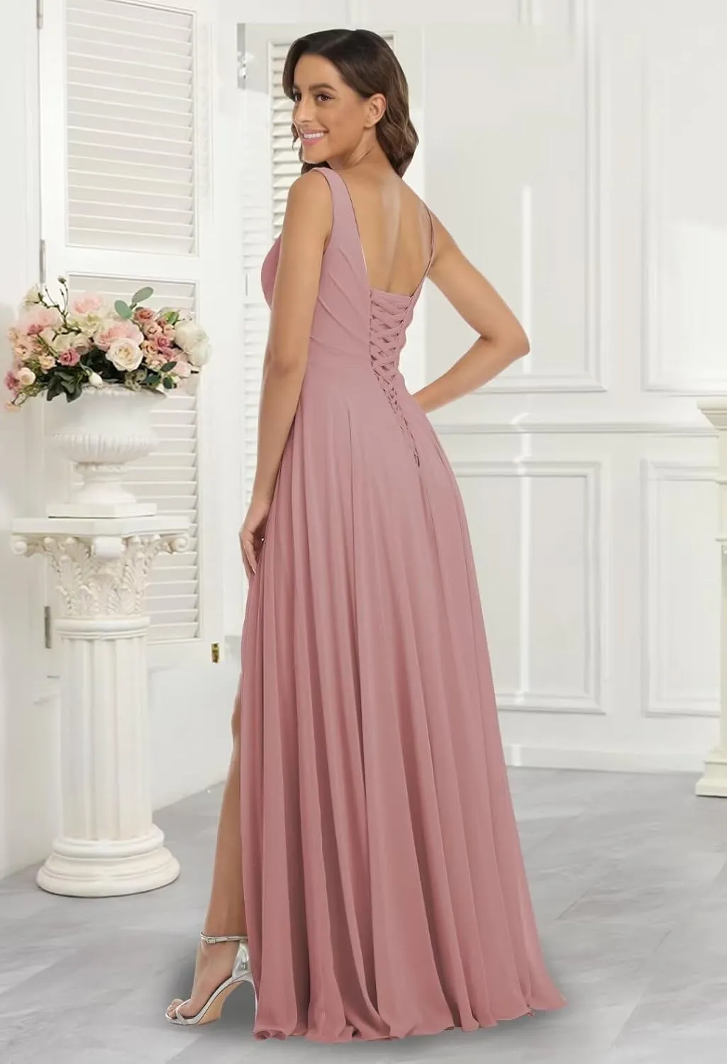 Women's Chiffon v Neck Bridesmaid Dresses for Women Long Ruched A Line Pleated Formal Evening Dress with Slit