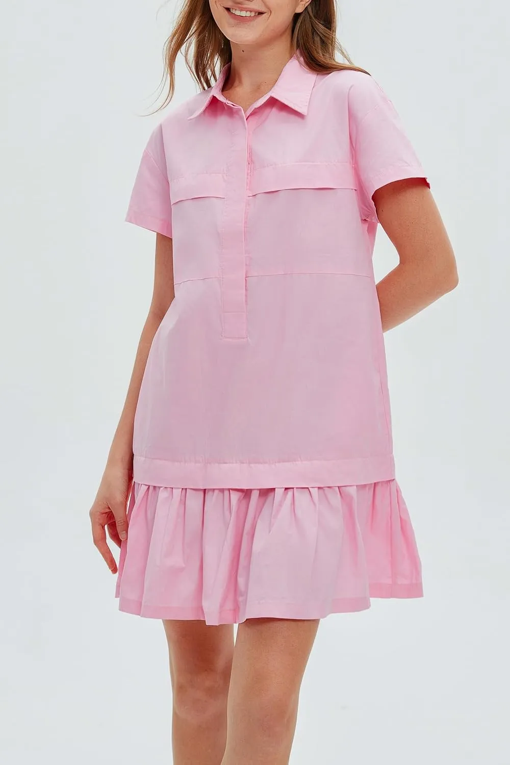 Women's Cotton Drop Waist Ruffle Hem Shirt Dress Short Sleeve Button Down Tunic Dress with Pockets