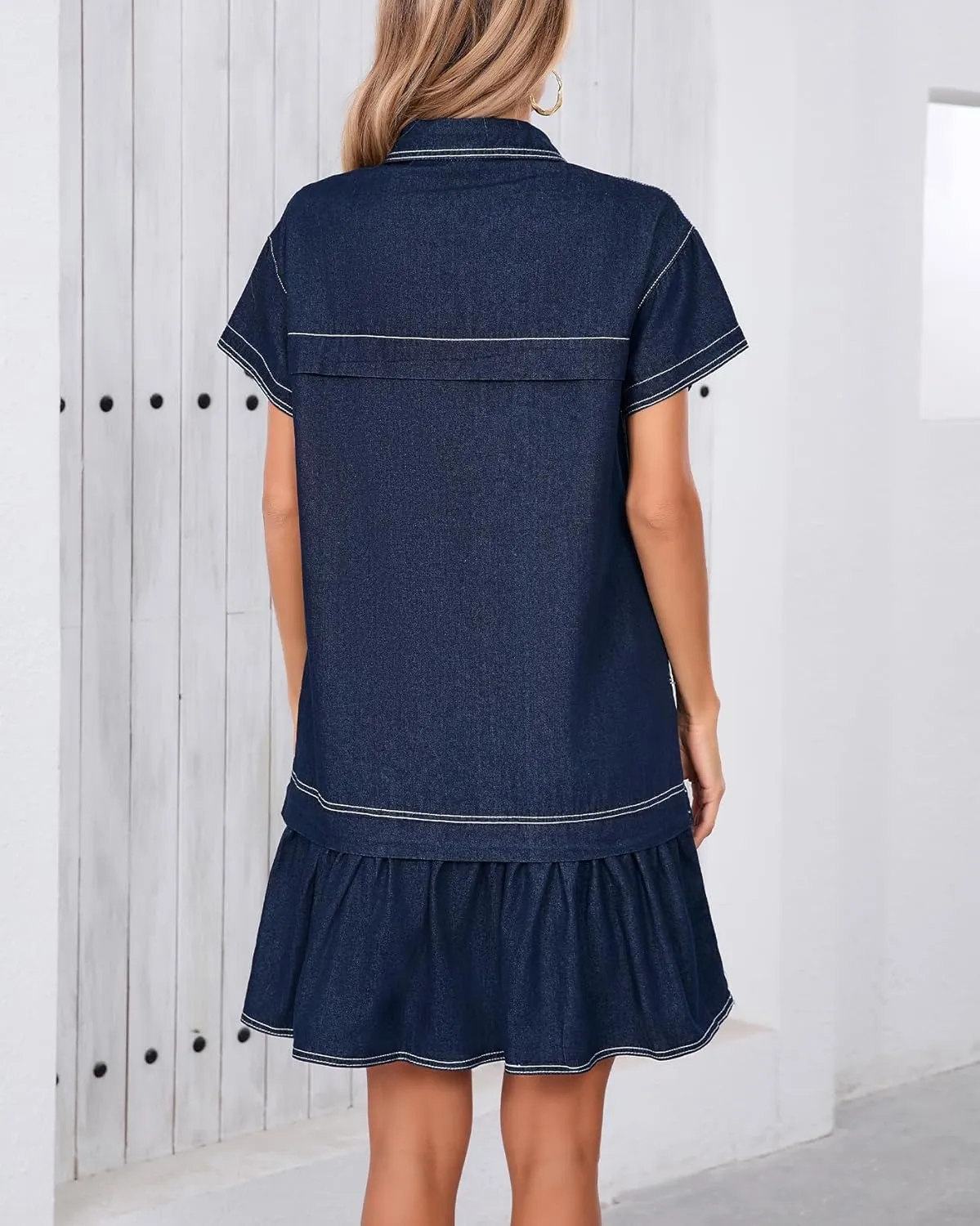 Women's Cotton Drop Waist Ruffle Hem Shirt Dress Short Sleeve Button Down Tunic Dress with Pockets