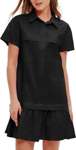 Women's Cotton Drop Waist Ruffle Hem Shirt Dress Short Sleeve Button Down Tunic Dress with Pockets