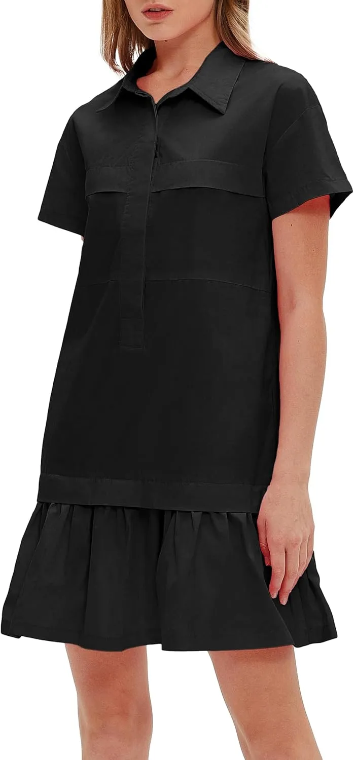 Women's Cotton Drop Waist Ruffle Hem Shirt Dress Short Sleeve Button Down Tunic Dress with Pockets