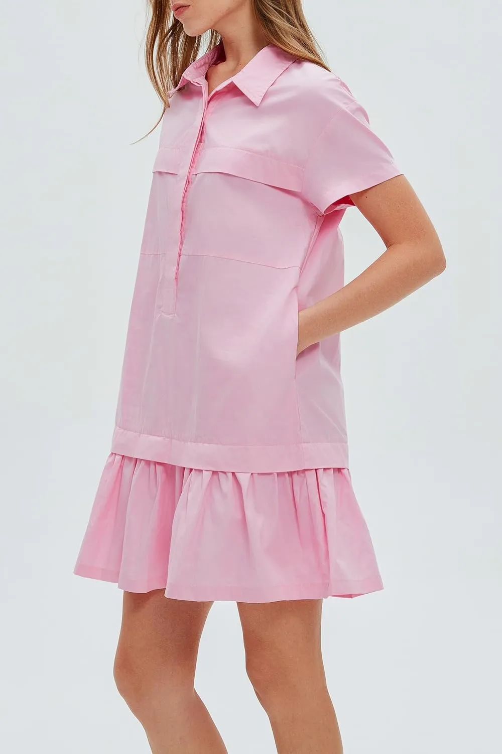 Women's Cotton Drop Waist Ruffle Hem Shirt Dress Short Sleeve Button Down Tunic Dress with Pockets