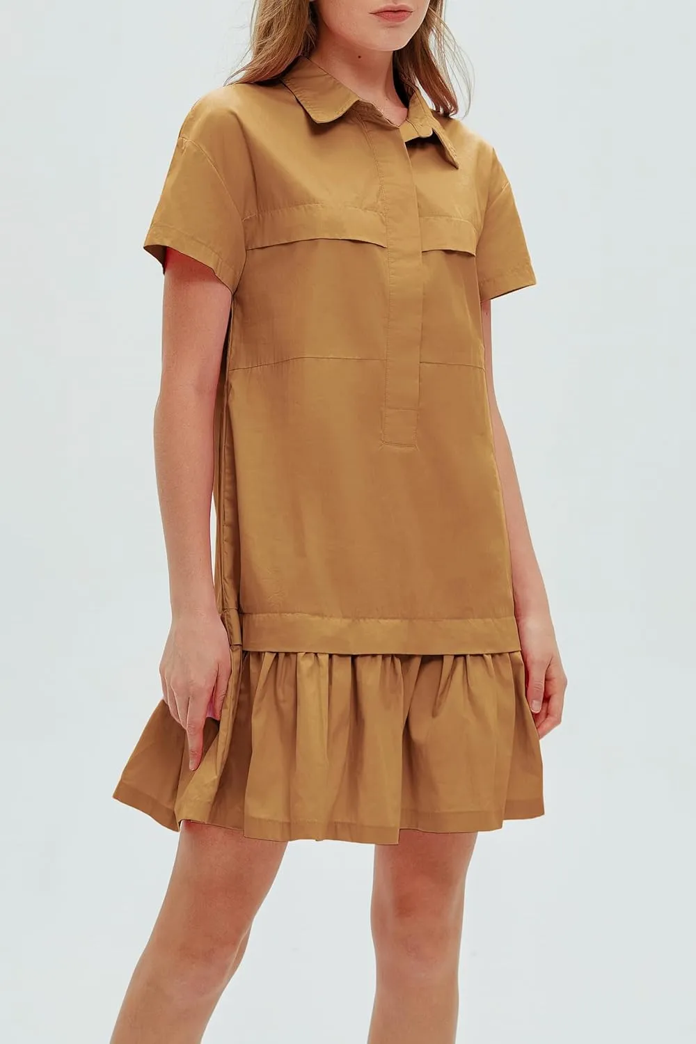 Women's Cotton Drop Waist Ruffle Hem Shirt Dress Short Sleeve Button Down Tunic Dress with Pockets