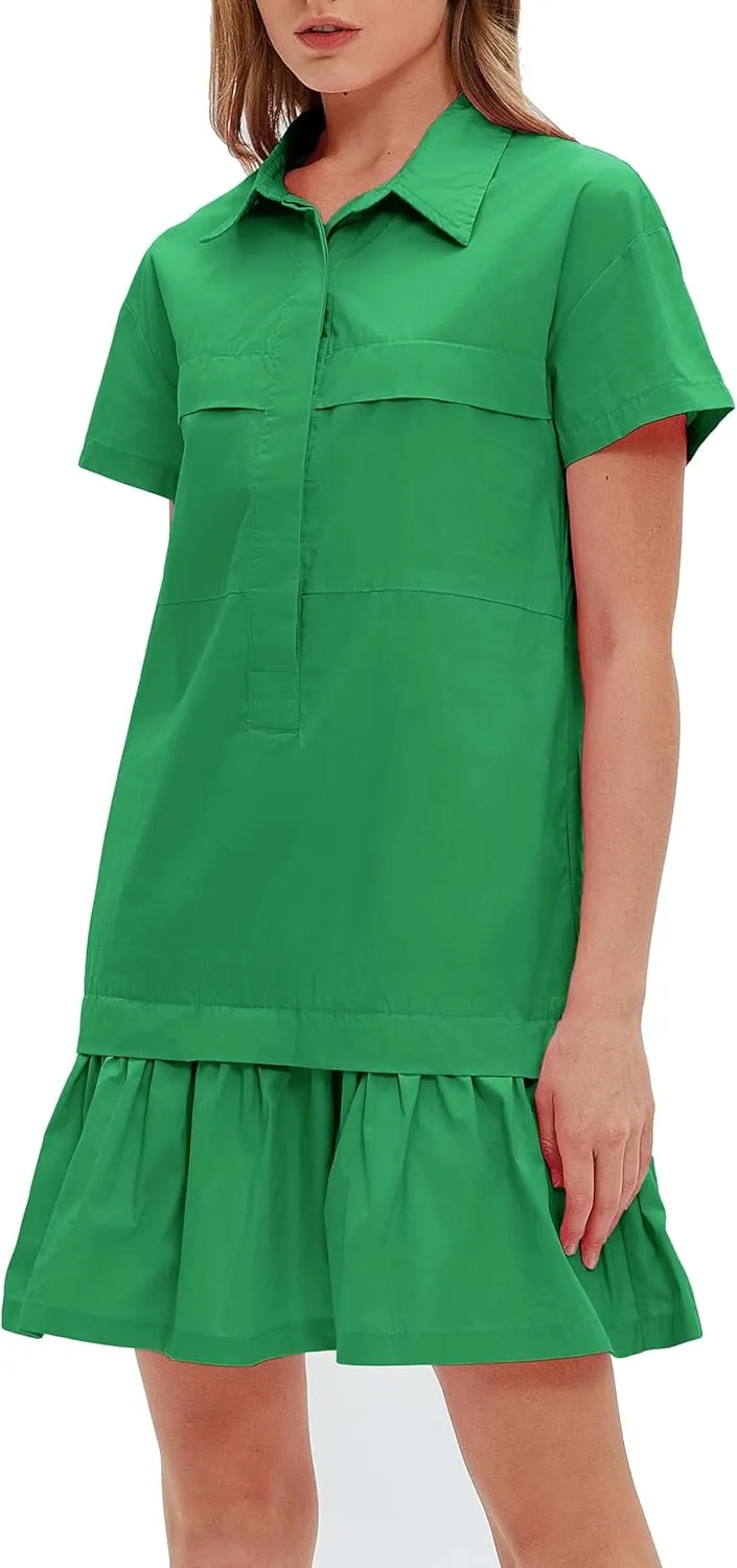 Women's Cotton Drop Waist Ruffle Hem Shirt Dress Short Sleeve Button Down Tunic Dress with Pockets