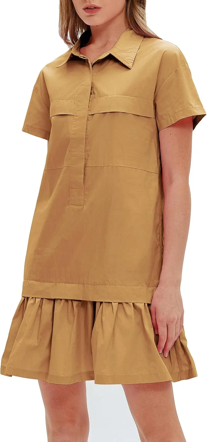 Women's Cotton Drop Waist Ruffle Hem Shirt Dress Short Sleeve Button Down Tunic Dress with Pockets