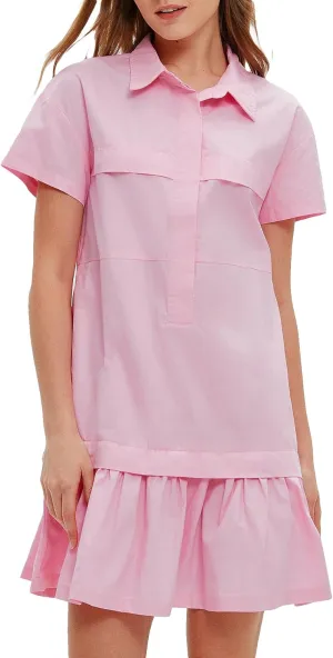 Women's Cotton Drop Waist Ruffle Hem Shirt Dress Short Sleeve Button Down Tunic Dress with Pockets