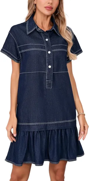 Women's Cotton Drop Waist Ruffle Hem Shirt Dress Short Sleeve Button Down Tunic Dress with Pockets