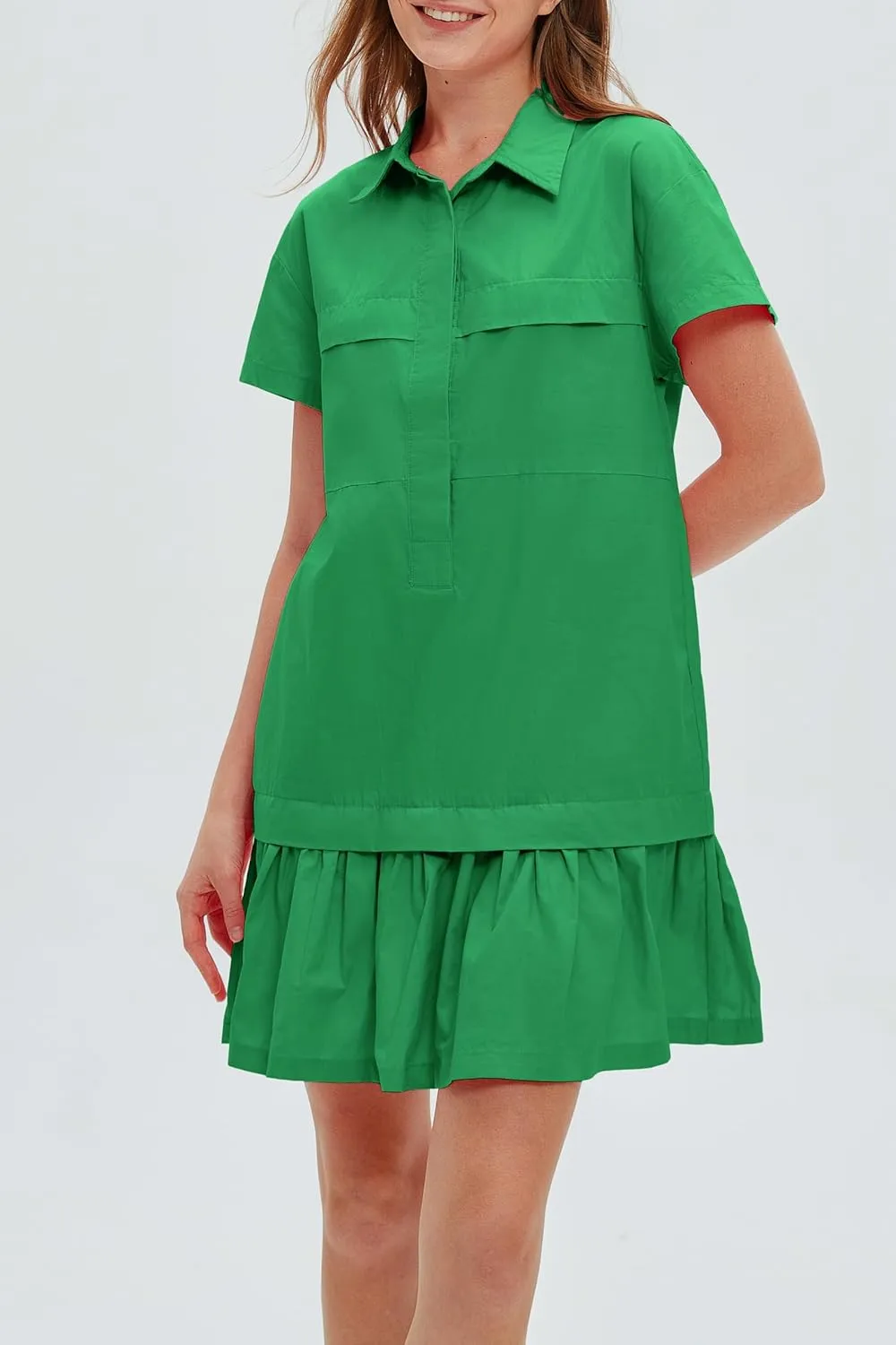 Women's Cotton Drop Waist Ruffle Hem Shirt Dress Short Sleeve Button Down Tunic Dress with Pockets
