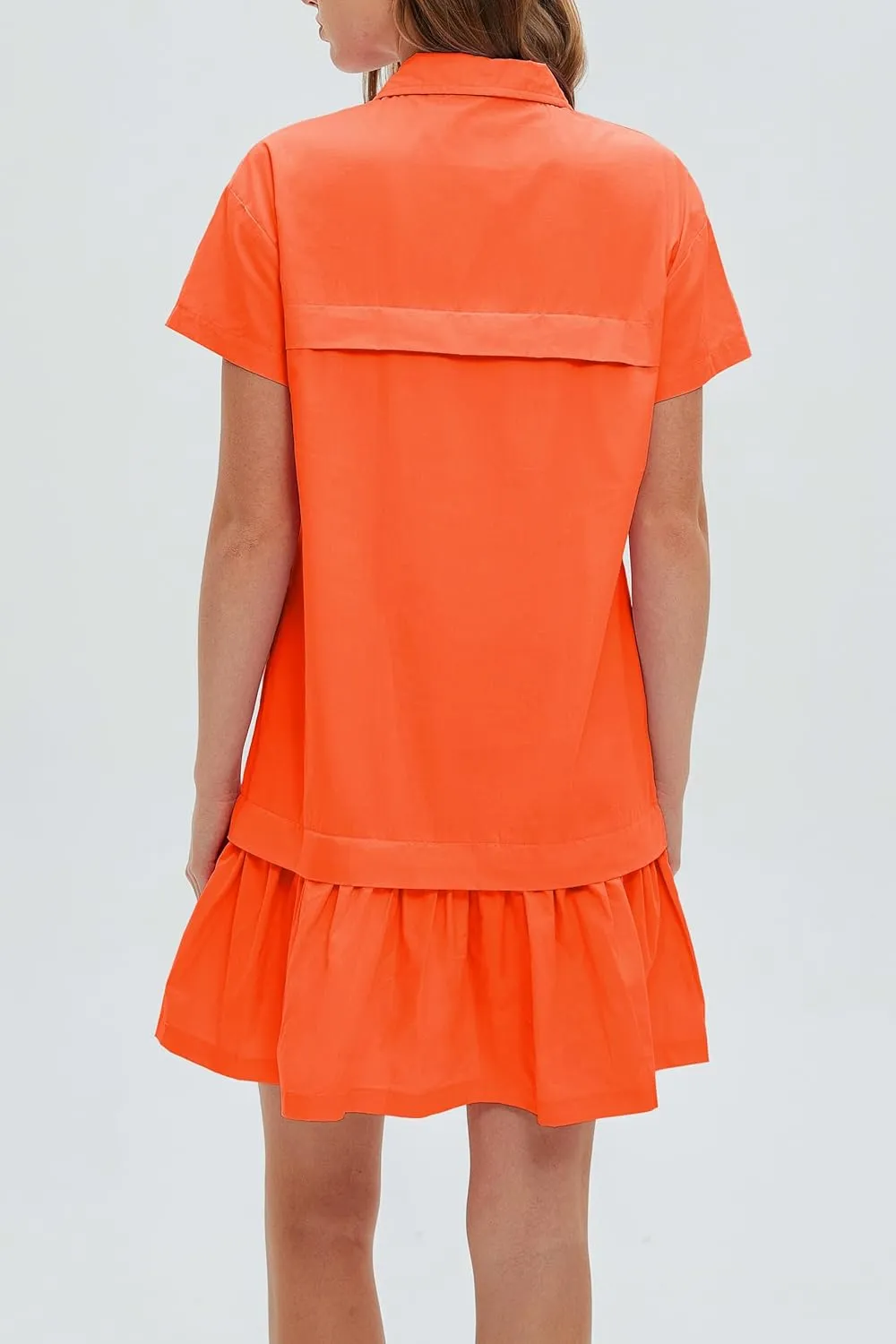 Women's Cotton Drop Waist Ruffle Hem Shirt Dress Short Sleeve Button Down Tunic Dress with Pockets
