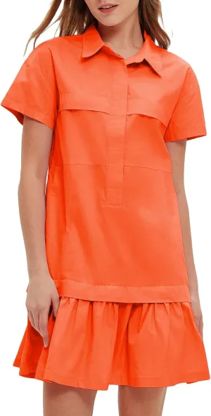 Women's Cotton Drop Waist Ruffle Hem Shirt Dress Short Sleeve Button Down Tunic Dress with Pockets