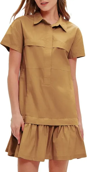 Women's Cotton Drop Waist Ruffle Hem Shirt Dress Short Sleeve Button Down Tunic Dress with Pockets