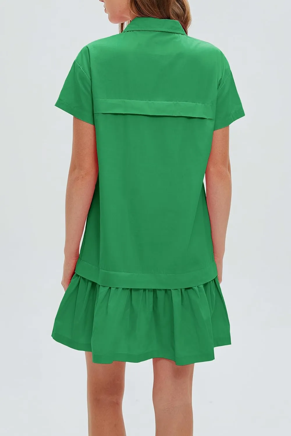 Women's Cotton Drop Waist Ruffle Hem Shirt Dress Short Sleeve Button Down Tunic Dress with Pockets