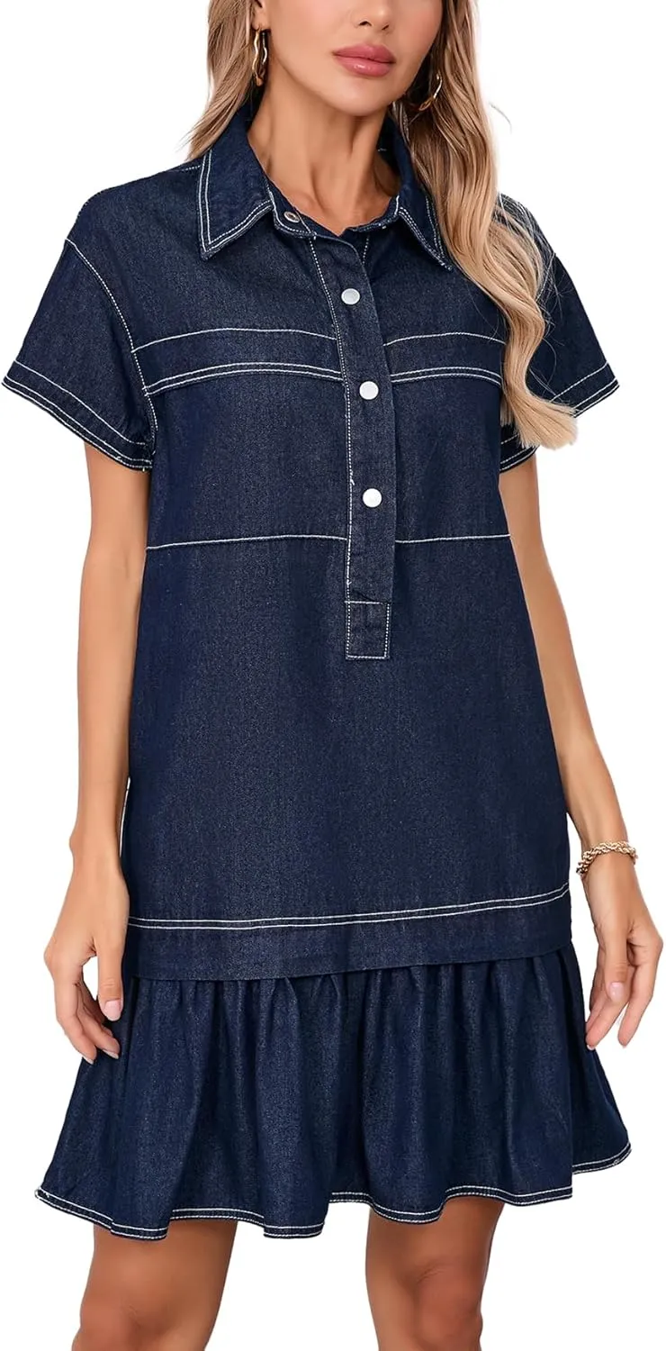 Women's Cotton Drop Waist Ruffle Hem Shirt Dress Short Sleeve Button Down Tunic Dress with Pockets