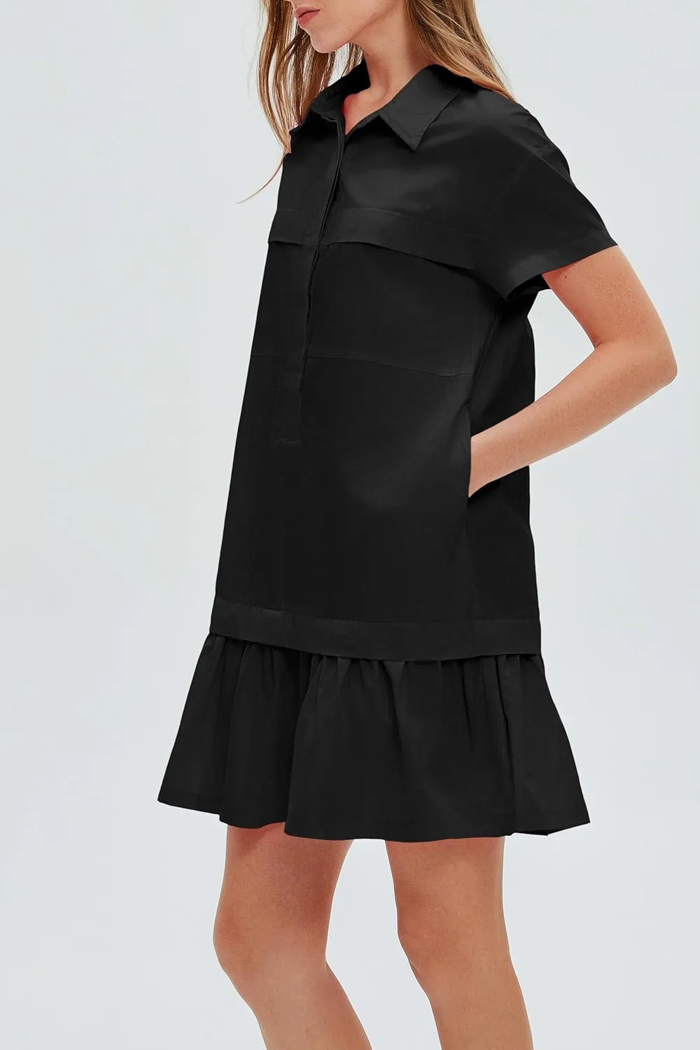 Women's Cotton Drop Waist Ruffle Hem Shirt Dress Short Sleeve Button Down Tunic Dress with Pockets