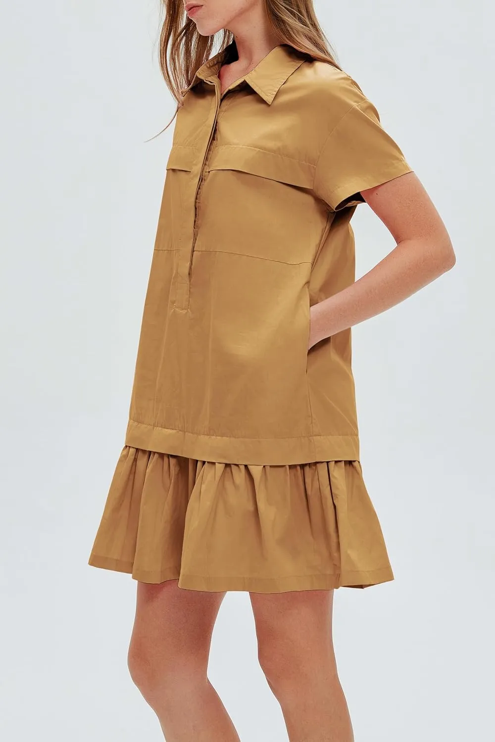 Women's Cotton Drop Waist Ruffle Hem Shirt Dress Short Sleeve Button Down Tunic Dress with Pockets