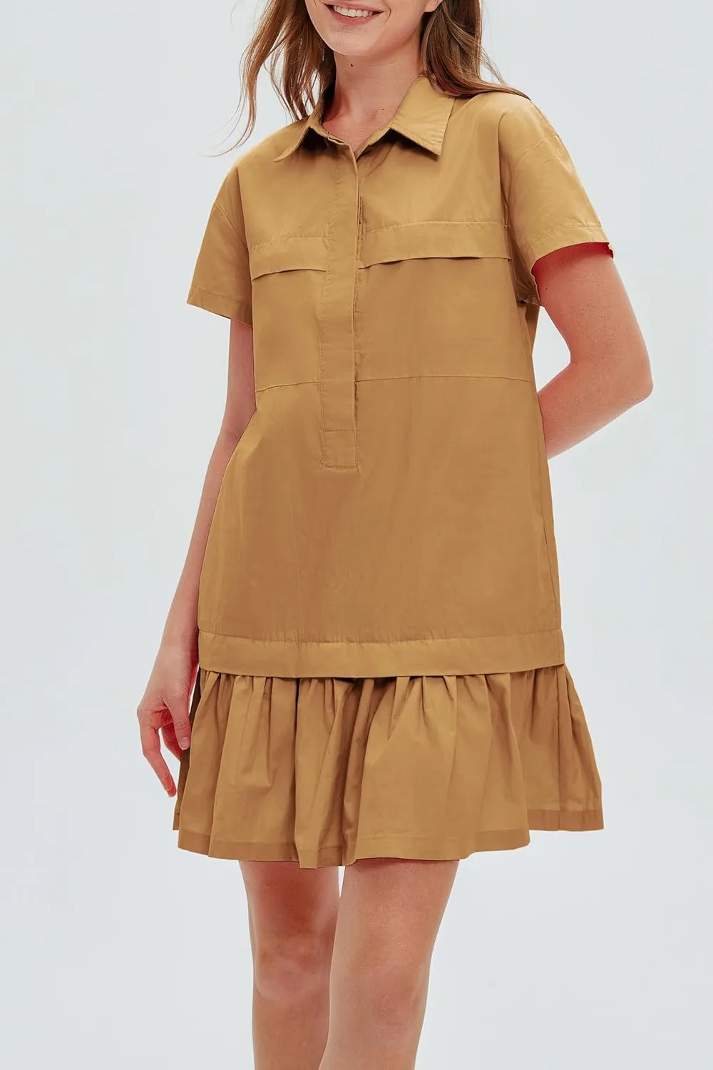 Women's Cotton Drop Waist Ruffle Hem Shirt Dress Short Sleeve Button Down Tunic Dress with Pockets