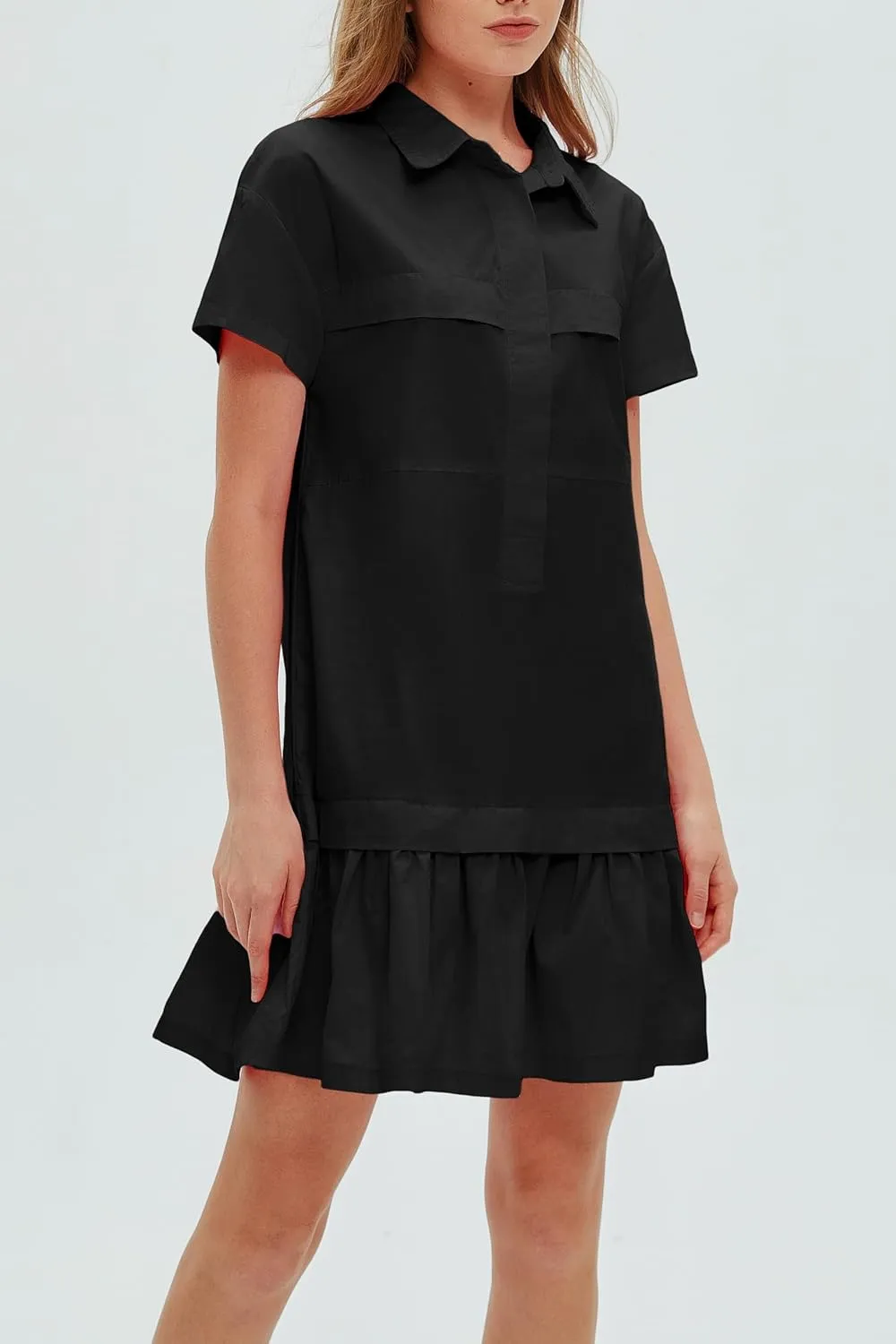 Women's Cotton Drop Waist Ruffle Hem Shirt Dress Short Sleeve Button Down Tunic Dress with Pockets