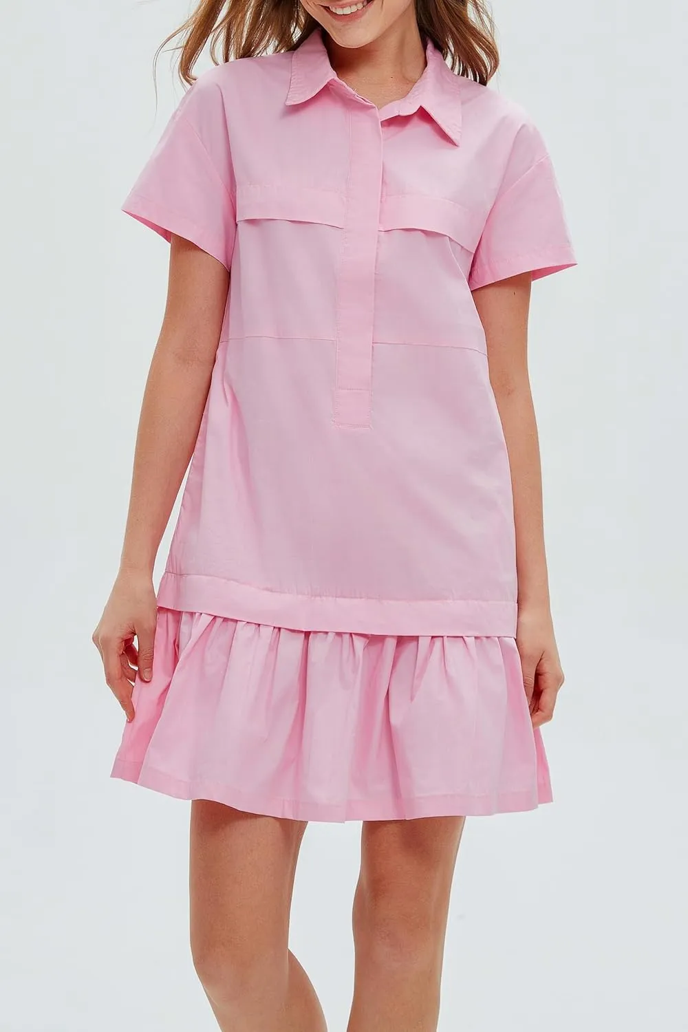 Women's Cotton Drop Waist Ruffle Hem Shirt Dress Short Sleeve Button Down Tunic Dress with Pockets