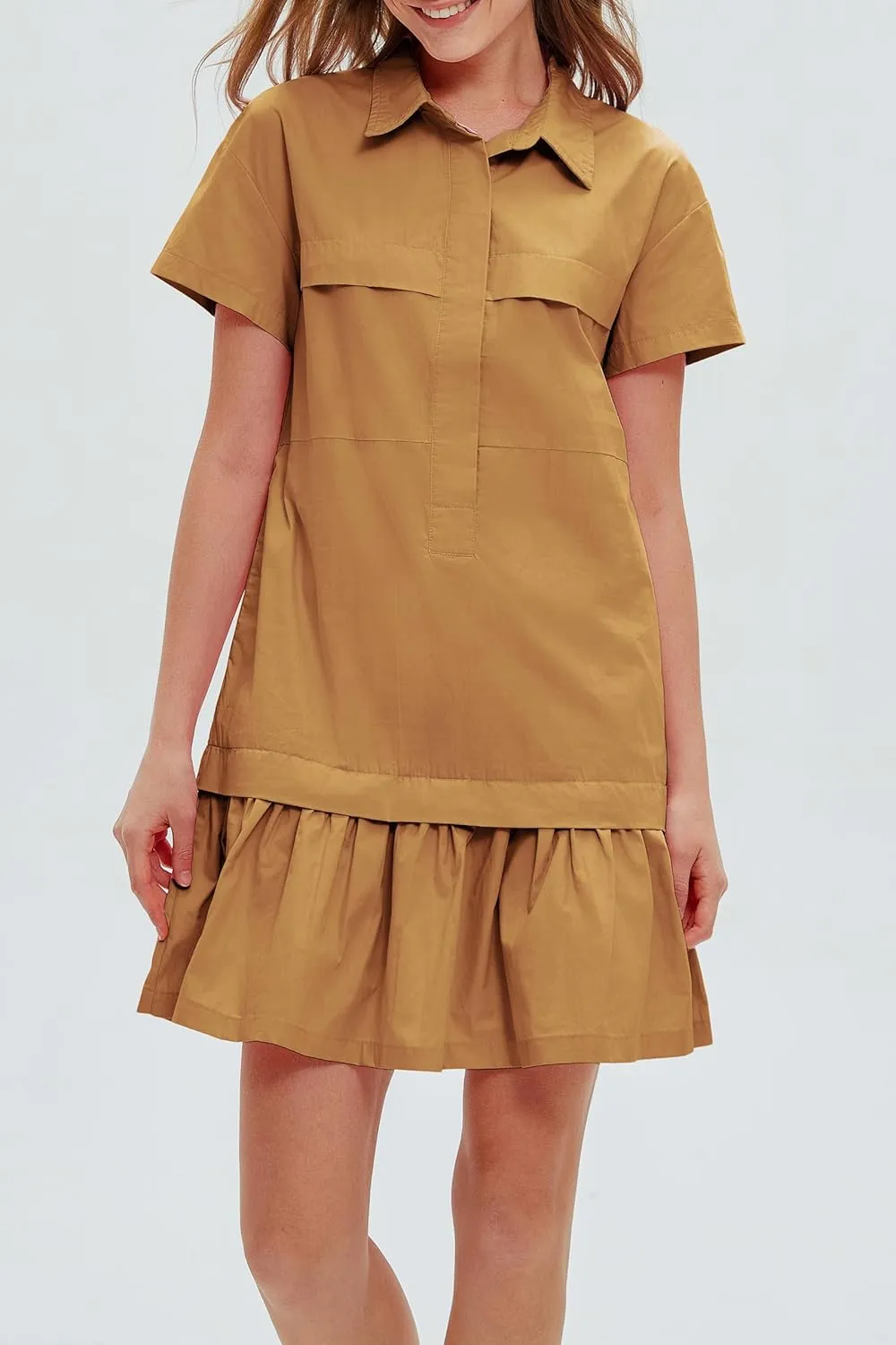 Women's Cotton Drop Waist Ruffle Hem Shirt Dress Short Sleeve Button Down Tunic Dress with Pockets