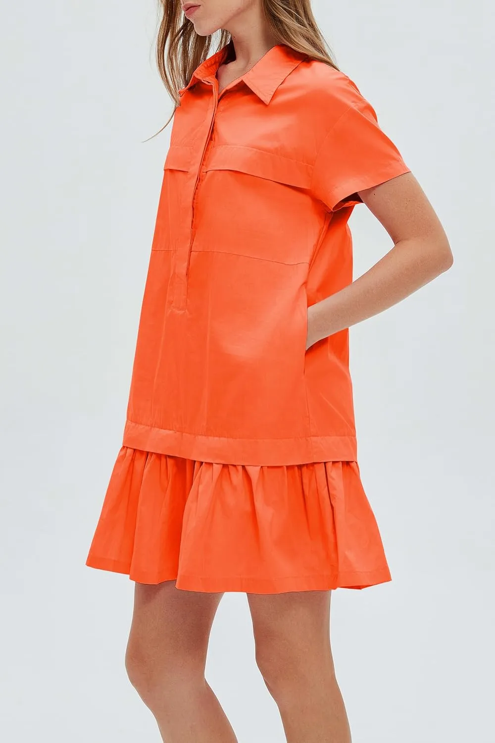 Women's Cotton Drop Waist Ruffle Hem Shirt Dress Short Sleeve Button Down Tunic Dress with Pockets