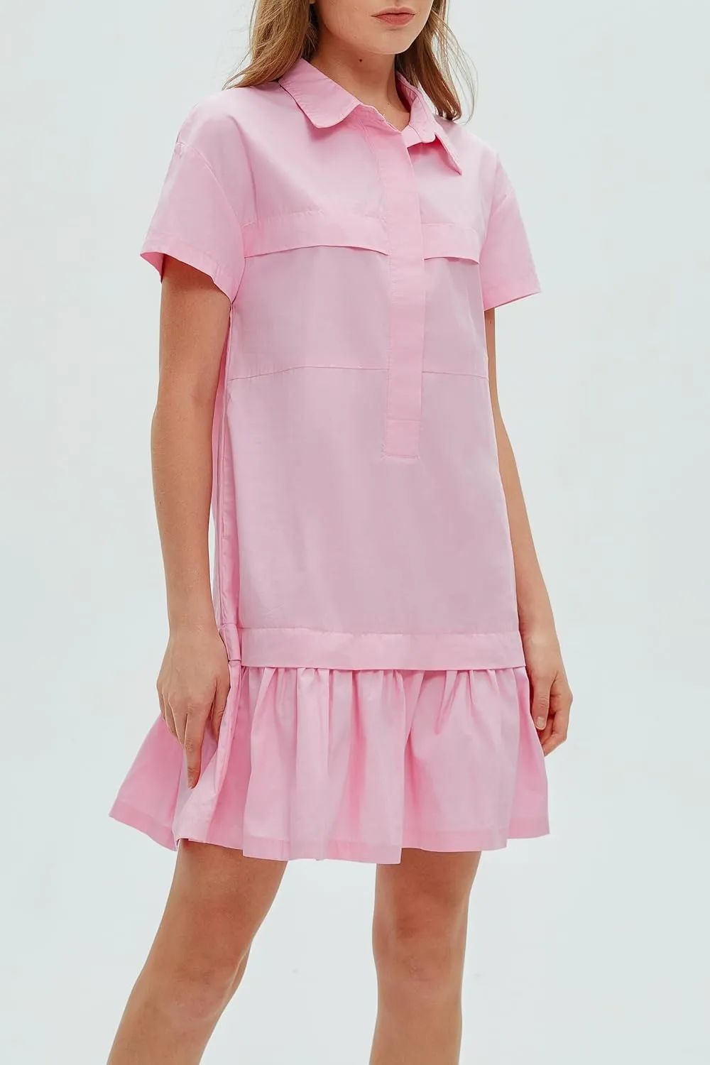 Women's Cotton Drop Waist Ruffle Hem Shirt Dress Short Sleeve Button Down Tunic Dress with Pockets