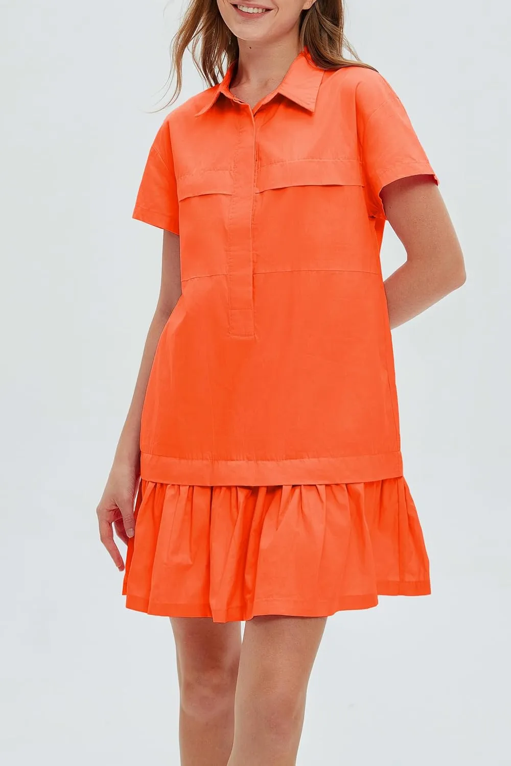 Women's Cotton Drop Waist Ruffle Hem Shirt Dress Short Sleeve Button Down Tunic Dress with Pockets