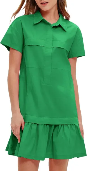 Women's Cotton Drop Waist Ruffle Hem Shirt Dress Short Sleeve Button Down Tunic Dress with Pockets
