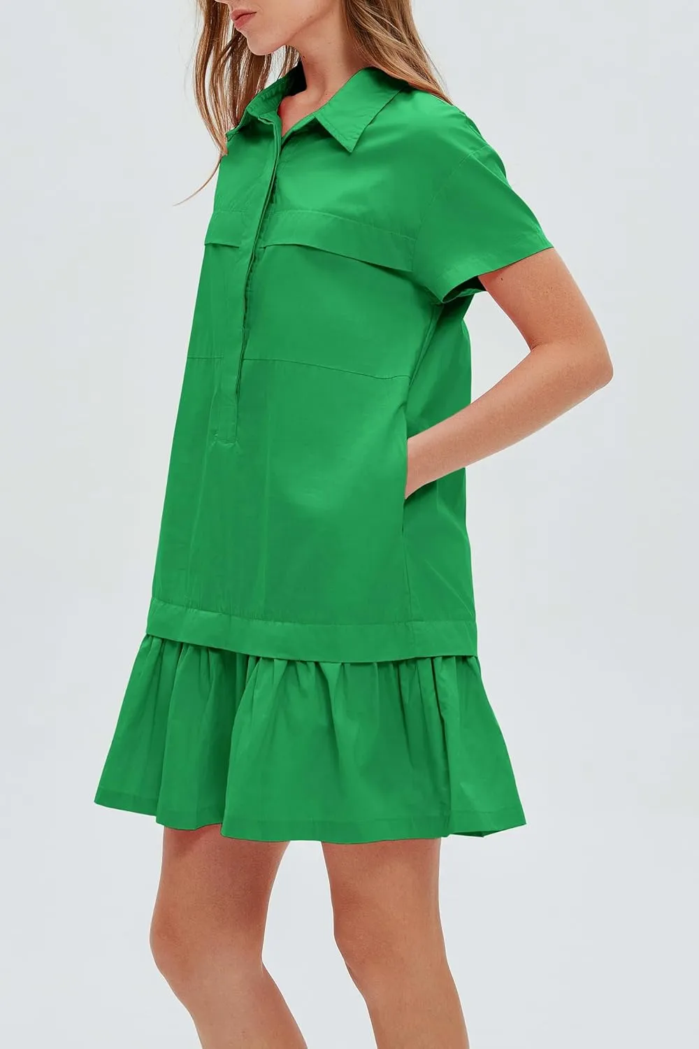 Women's Cotton Drop Waist Ruffle Hem Shirt Dress Short Sleeve Button Down Tunic Dress with Pockets
