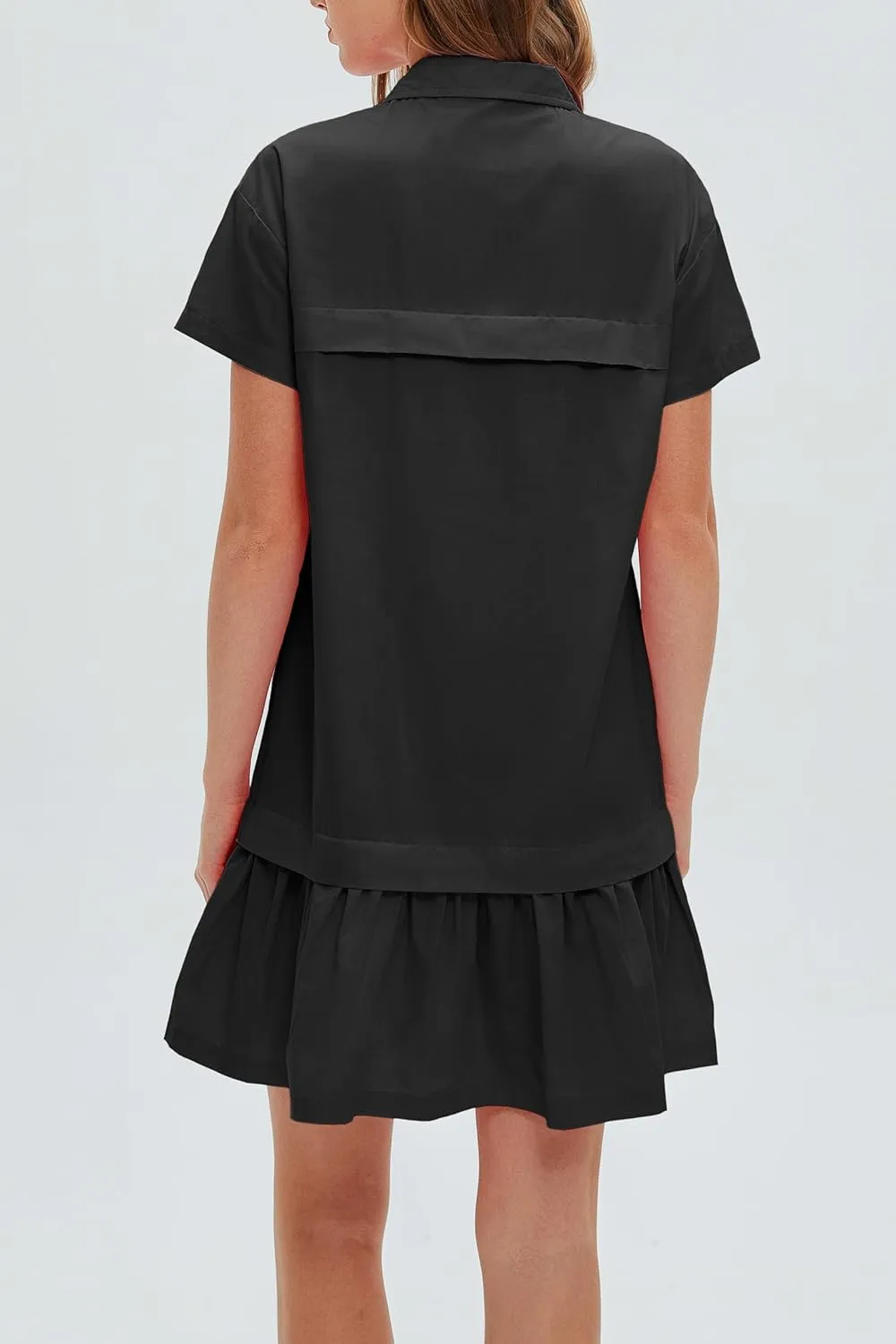 Women's Cotton Drop Waist Ruffle Hem Shirt Dress Short Sleeve Button Down Tunic Dress with Pockets