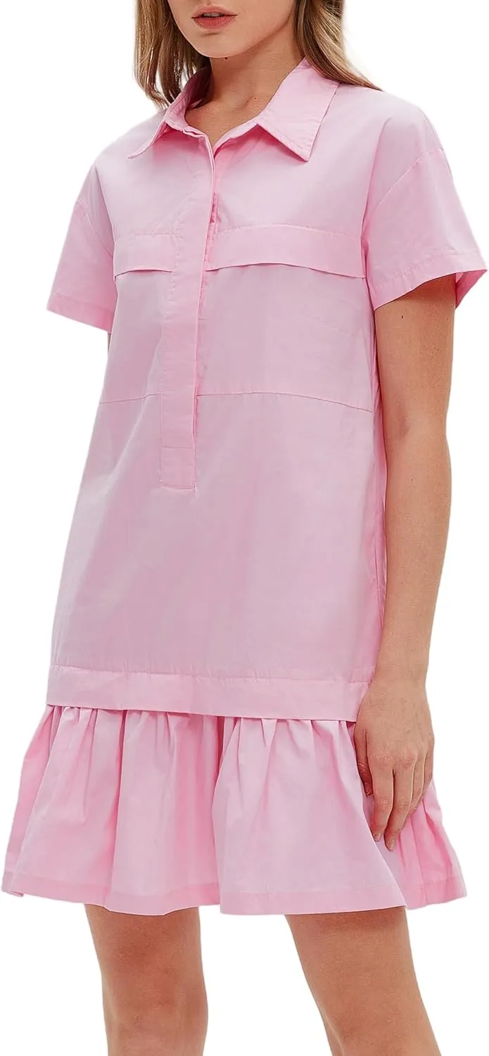 Women's Cotton Drop Waist Ruffle Hem Shirt Dress Short Sleeve Button Down Tunic Dress with Pockets