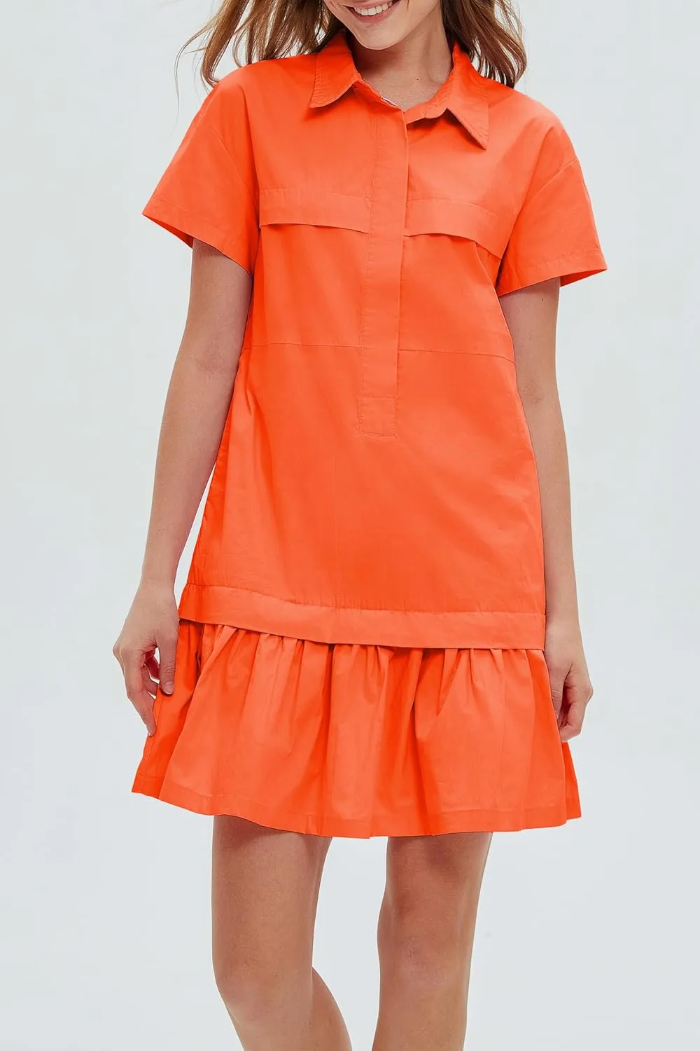 Women's Cotton Drop Waist Ruffle Hem Shirt Dress Short Sleeve Button Down Tunic Dress with Pockets