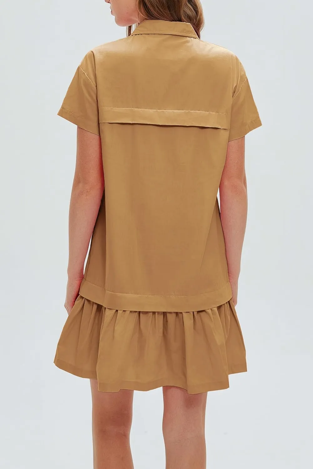 Women's Cotton Drop Waist Ruffle Hem Shirt Dress Short Sleeve Button Down Tunic Dress with Pockets