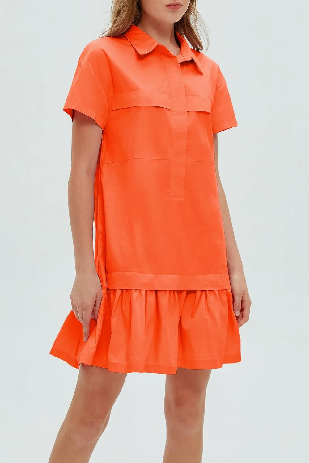 Women's Cotton Drop Waist Ruffle Hem Shirt Dress Short Sleeve Button Down Tunic Dress with Pockets