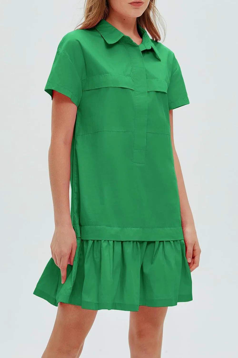 Women's Cotton Drop Waist Ruffle Hem Shirt Dress Short Sleeve Button Down Tunic Dress with Pockets