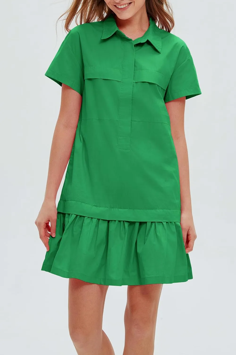 Women's Cotton Drop Waist Ruffle Hem Shirt Dress Short Sleeve Button Down Tunic Dress with Pockets