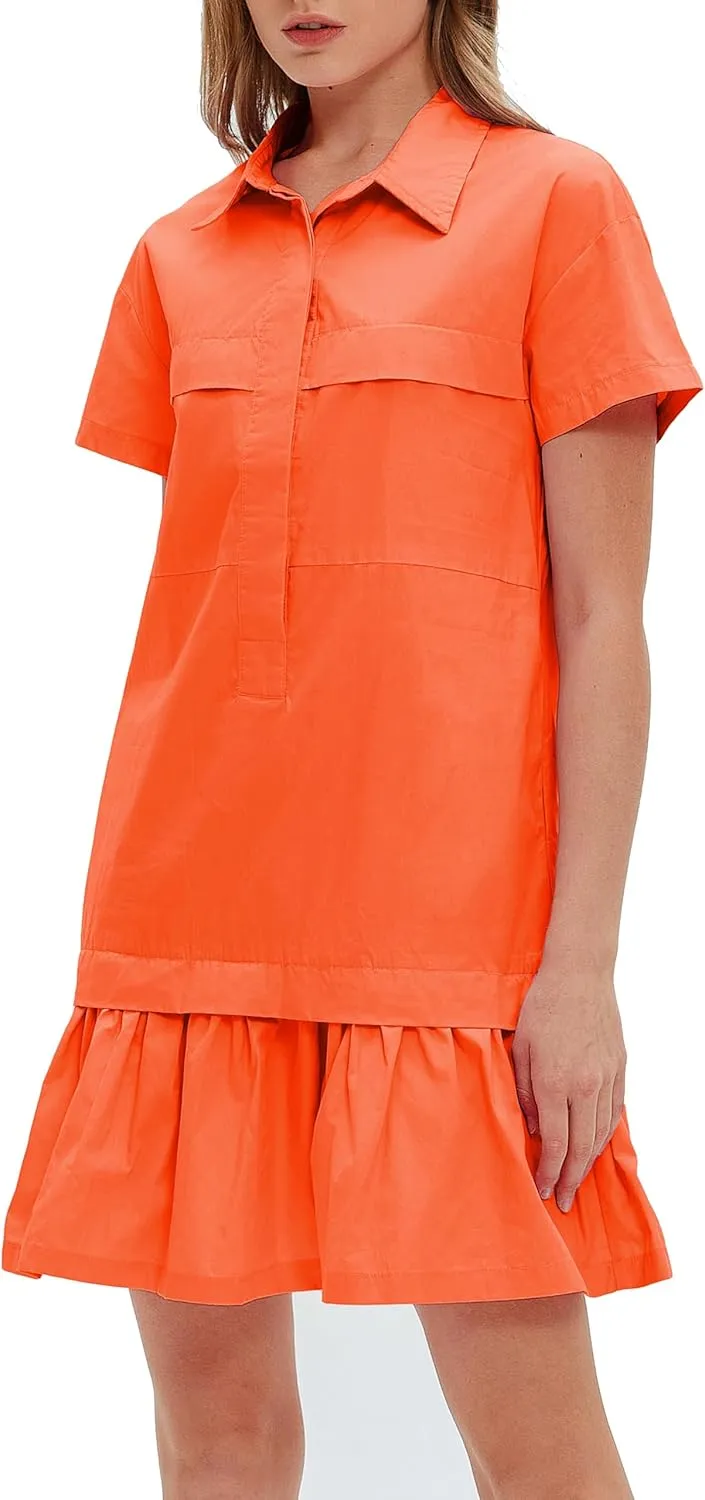 Women's Cotton Drop Waist Ruffle Hem Shirt Dress Short Sleeve Button Down Tunic Dress with Pockets