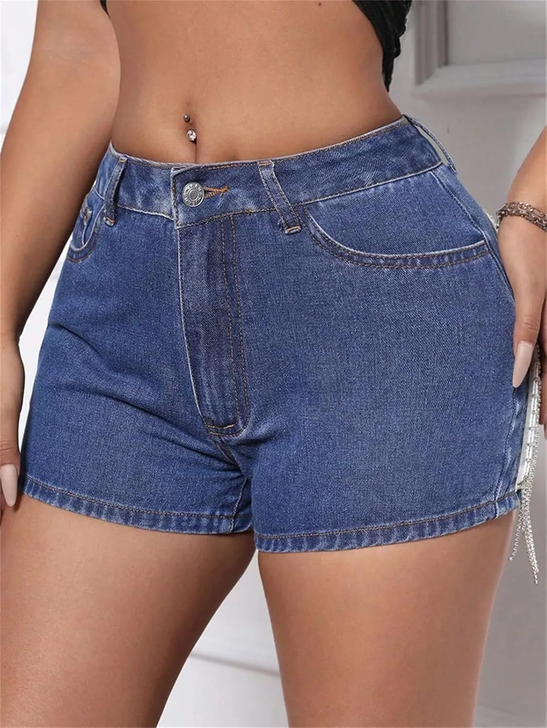 Womens Denim Hot Pants Spring Summer Low Waist Slim Fit Nightclub Rhinestone Trim
