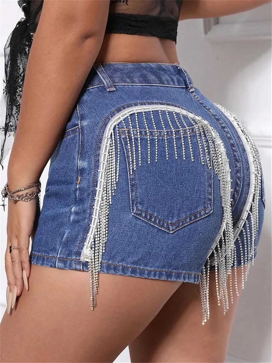 Womens Denim Hot Pants Spring Summer Low Waist Slim Fit Nightclub Rhinestone Trim