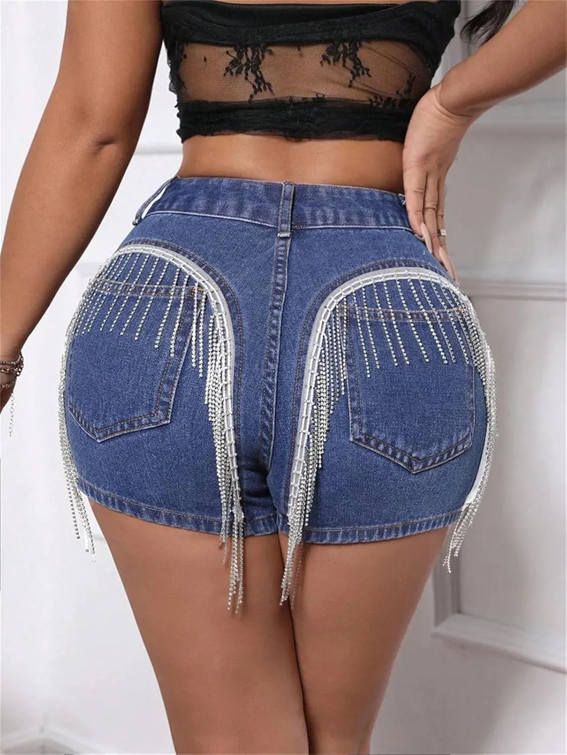 Womens Denim Hot Pants Spring Summer Low Waist Slim Fit Nightclub Rhinestone Trim