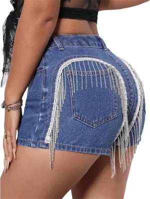 Womens Denim Hot Pants Spring Summer Low Waist Slim Fit Nightclub Rhinestone Trim