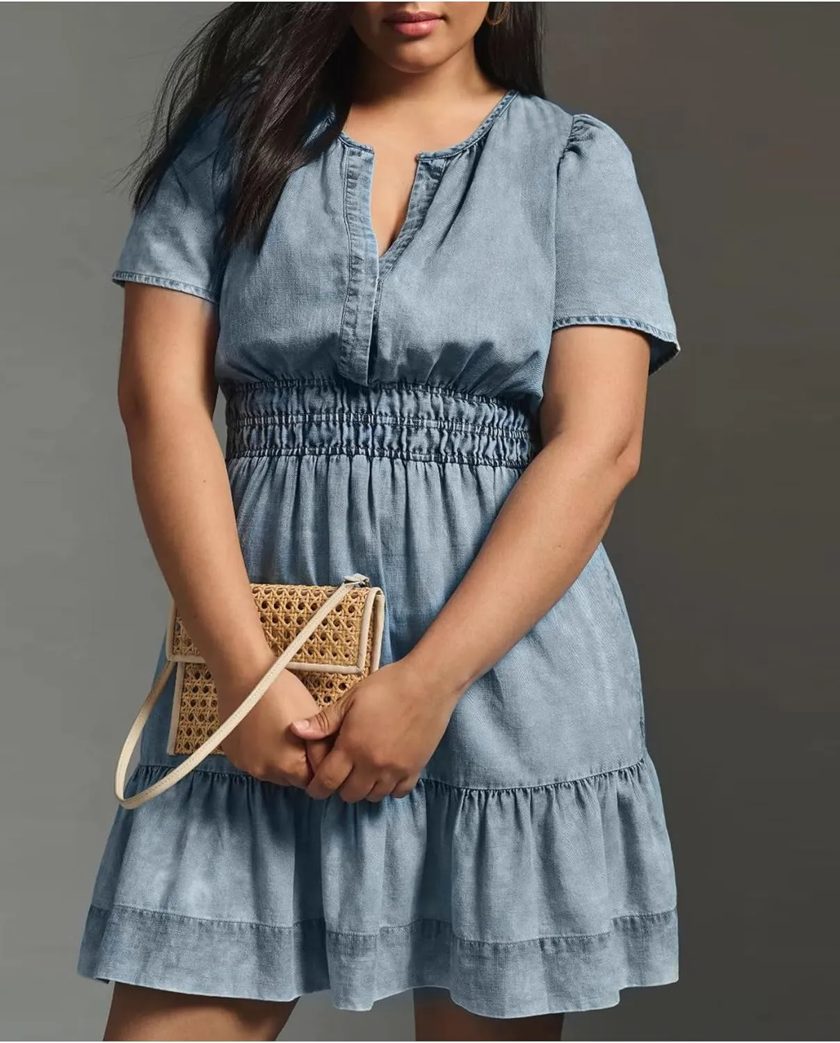 Women's Denim Summer Short Dress V Neck Smocked Jean Mini Dress Casual A Line Tiered Dress 2024 Trendy