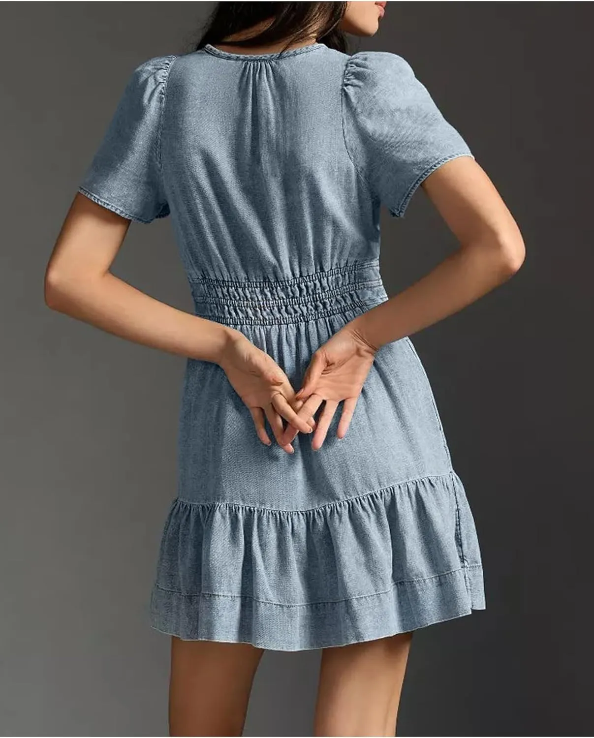 Women's Denim Summer Short Dress V Neck Smocked Jean Mini Dress Casual A Line Tiered Dress 2024 Trendy