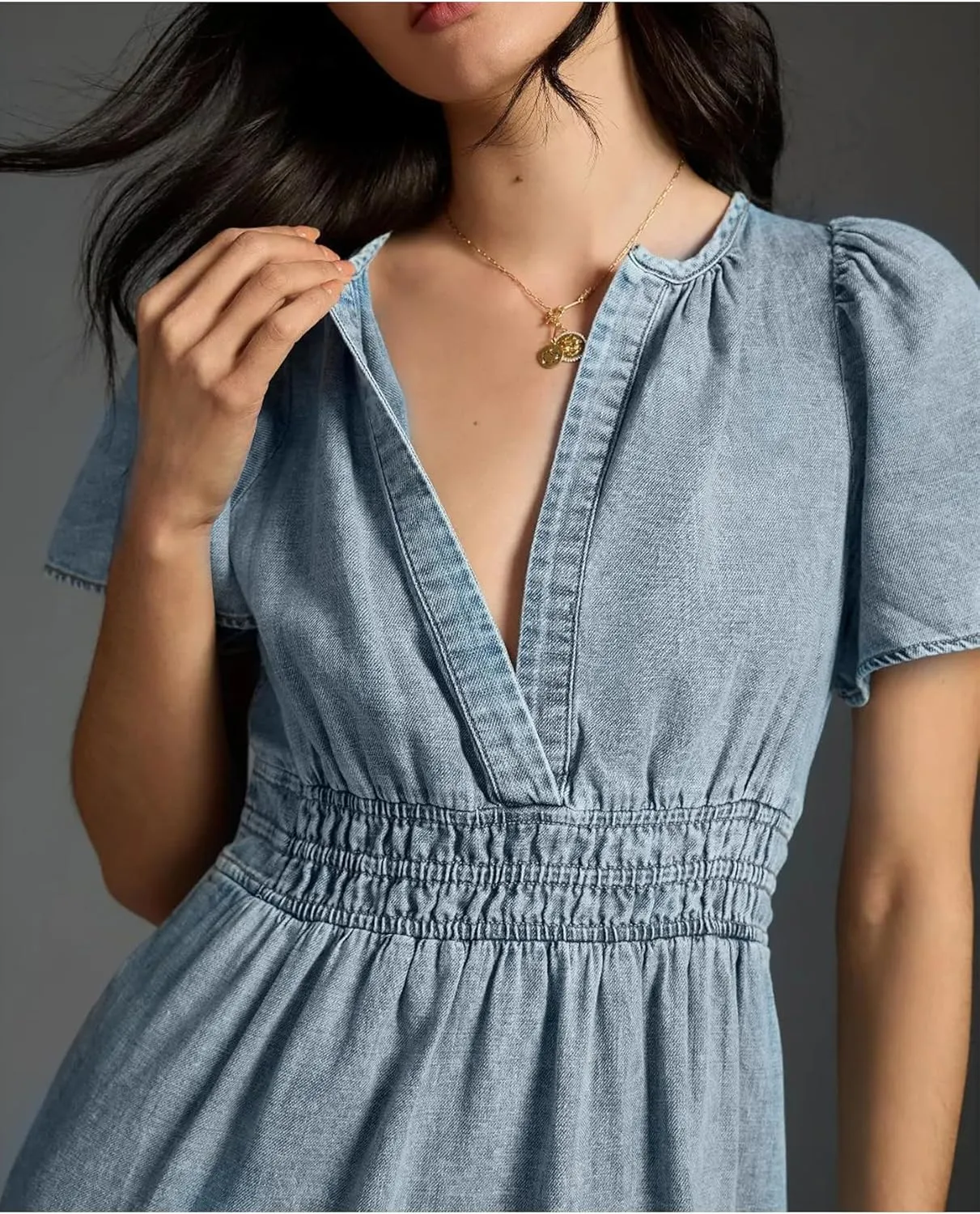 Women's Denim Summer Short Dress V Neck Smocked Jean Mini Dress Casual A Line Tiered Dress 2024 Trendy