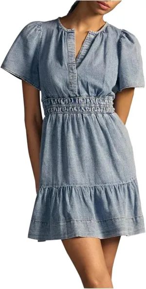 Women's Denim Summer Short Dress V Neck Smocked Jean Mini Dress Casual A Line Tiered Dress 2024 Trendy