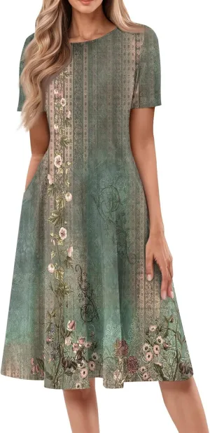 Womens Dresses Dresses for Women Casual Summer A Line Midi Dresses for Women Short Sleeve Loose Fit