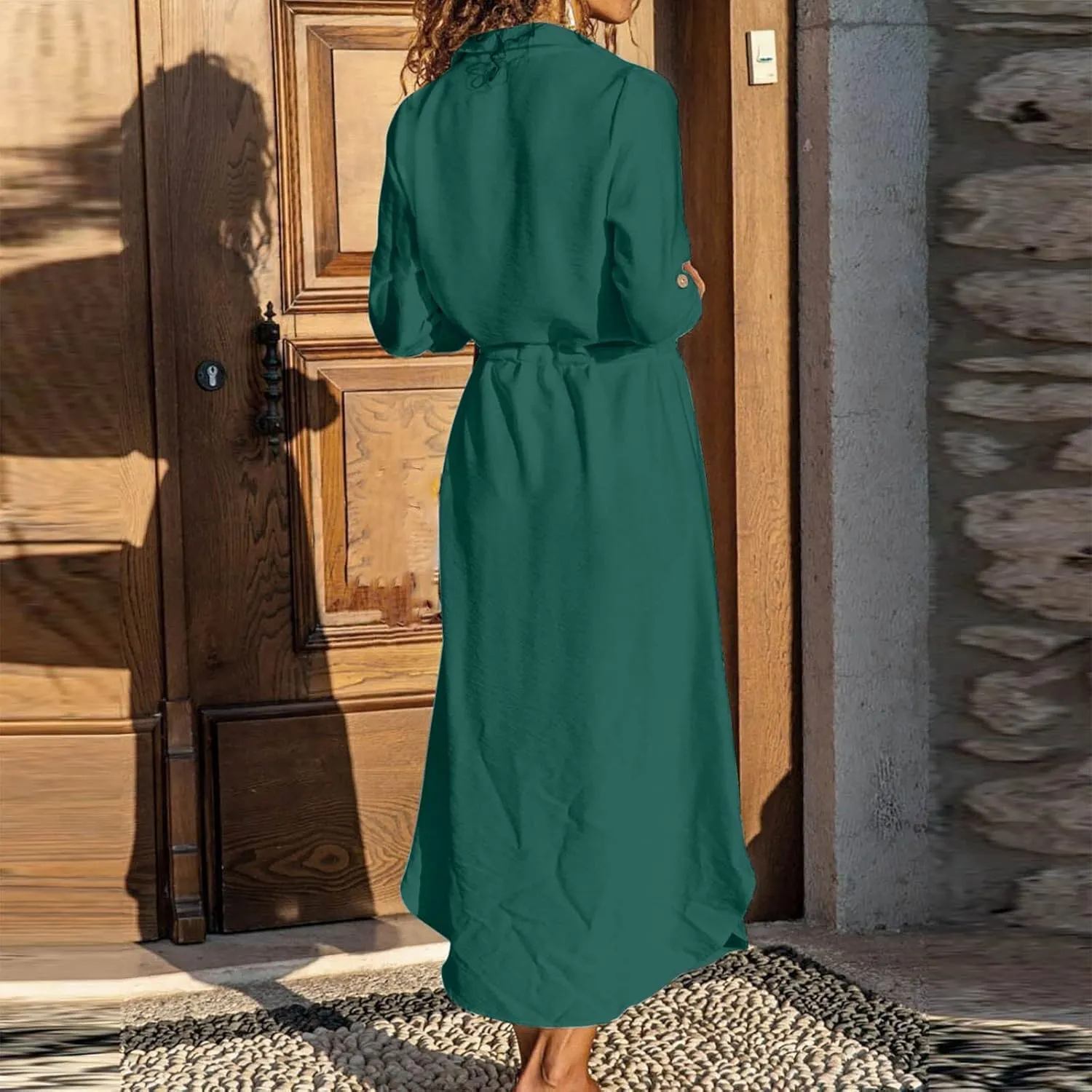 Womens Dresses Summer Casual Cotton Linen Button Down Collared V Neck Shirt Dress Loose Beach Flowy Sundress