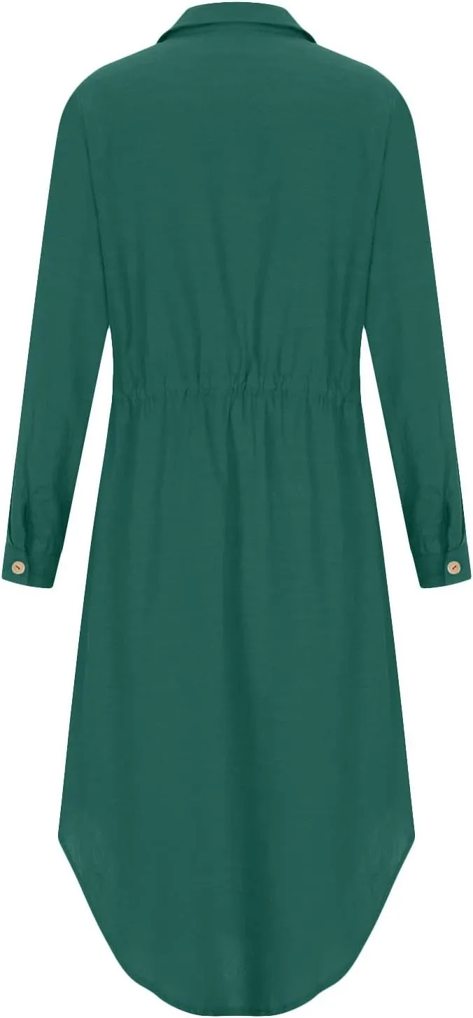 Womens Dresses Summer Casual Cotton Linen Button Down Collared V Neck Shirt Dress Loose Beach Flowy Sundress