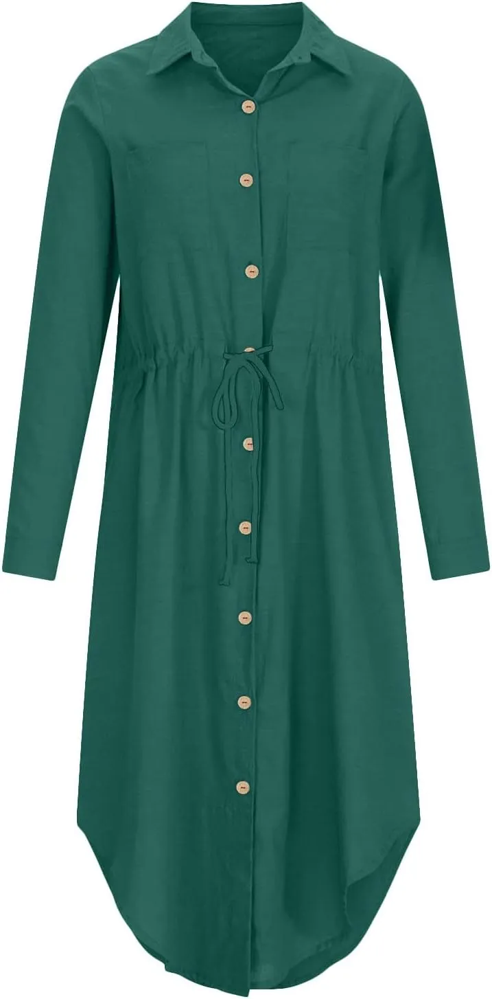 Womens Dresses Summer Casual Cotton Linen Button Down Collared V Neck Shirt Dress Loose Beach Flowy Sundress