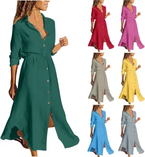 Womens Dresses Summer Casual Cotton Linen Button Down Collared V Neck Shirt Dress Loose Beach Flowy Sundress