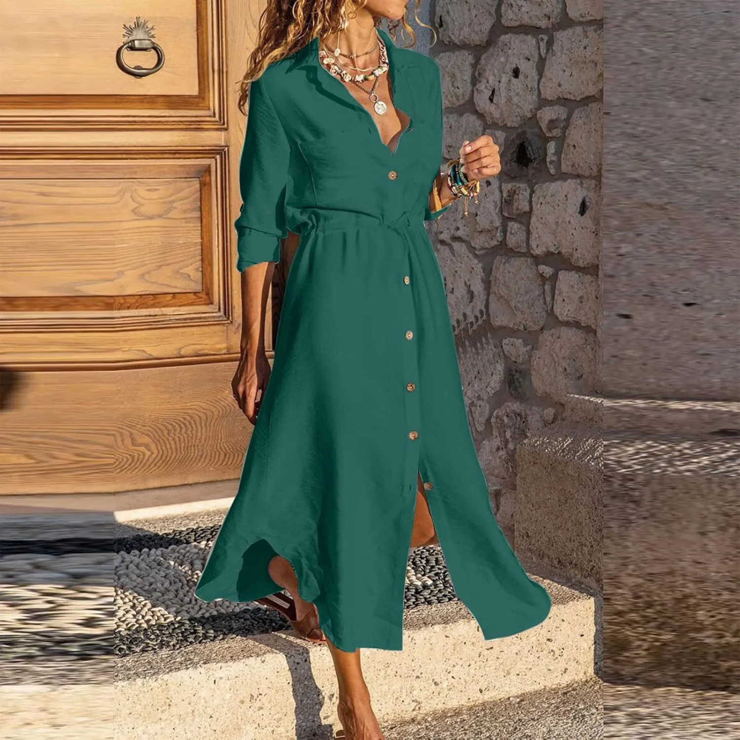 Womens Dresses Summer Casual Cotton Linen Button Down Collared V Neck Shirt Dress Loose Beach Flowy Sundress